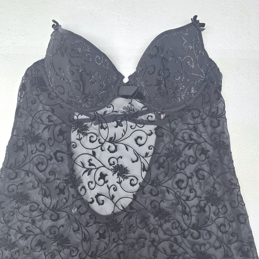 Victoria's Secret Very Sexy Black Floral Glitter Mesh Babydoll Slip 36B NO STRAP - Picture 2 of 5